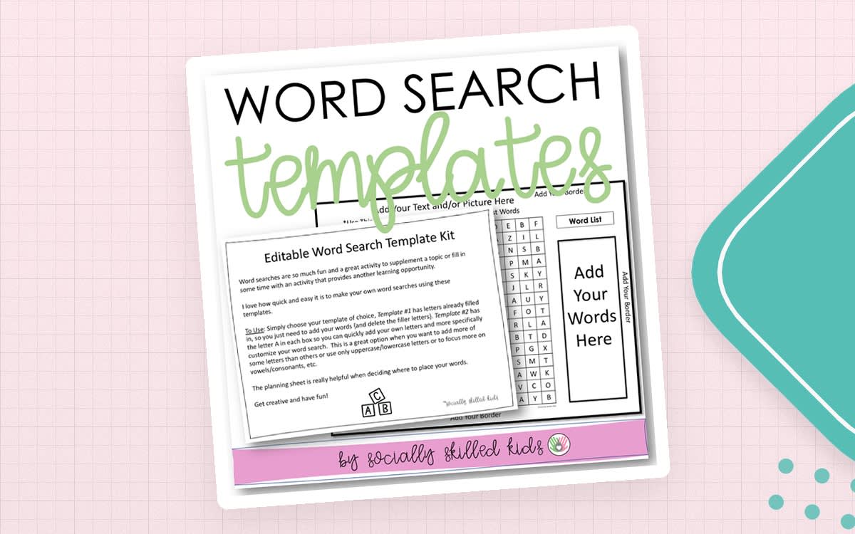 An educational teaching resource from Socially Skilled Kids entitled Word Search Templates, EDITABLE downloadable at Teach Simple.