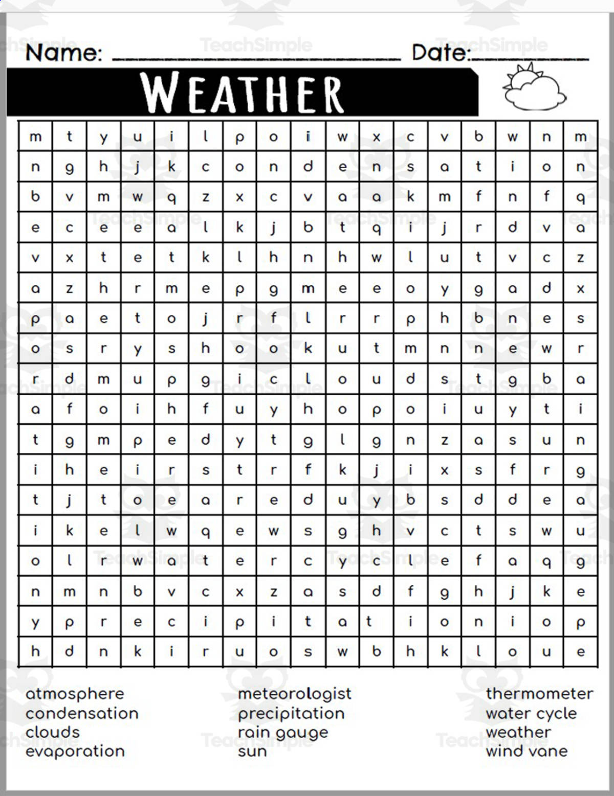 An educational teaching resource from Rodriguez's Resources entitled Word Search: Weather downloadable at Teach Simple.