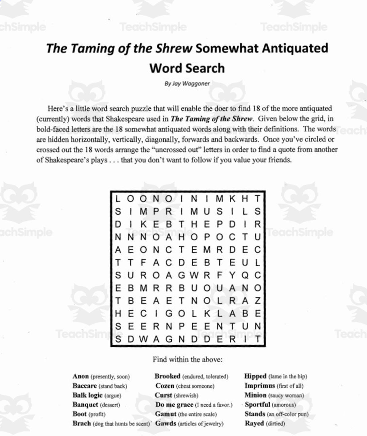 An educational teaching resource from Jay Waggoner entitled Word Search:Taming of the Shrew Somewhat Antiquated Words downloadable at Teach Simple.