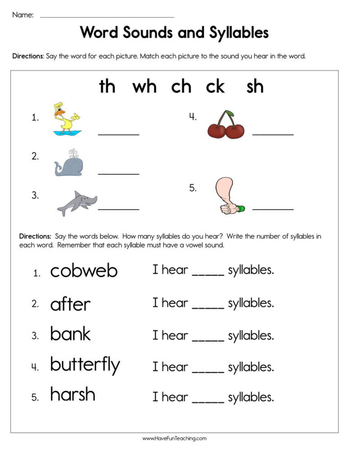 An educational teaching resource from Have Fun Teaching entitled Word Sounds and Syllables Worksheet downloadable at Teach Simple.