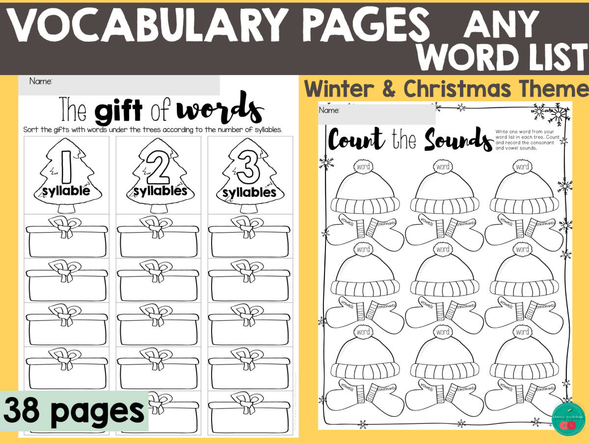 An educational teaching resource from Cherry Workshop entitled Word Study Activities for Any Word List - Winter and Christmas Theme downloadable at Teach Simple.