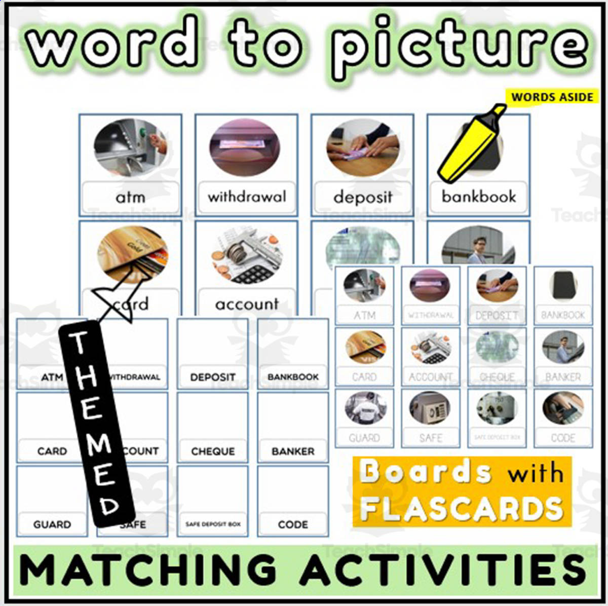 An educational teaching resource from WORDS ASIDE entitled Word to Picture Activities Flash Cards 4 downloadable at Teach Simple.