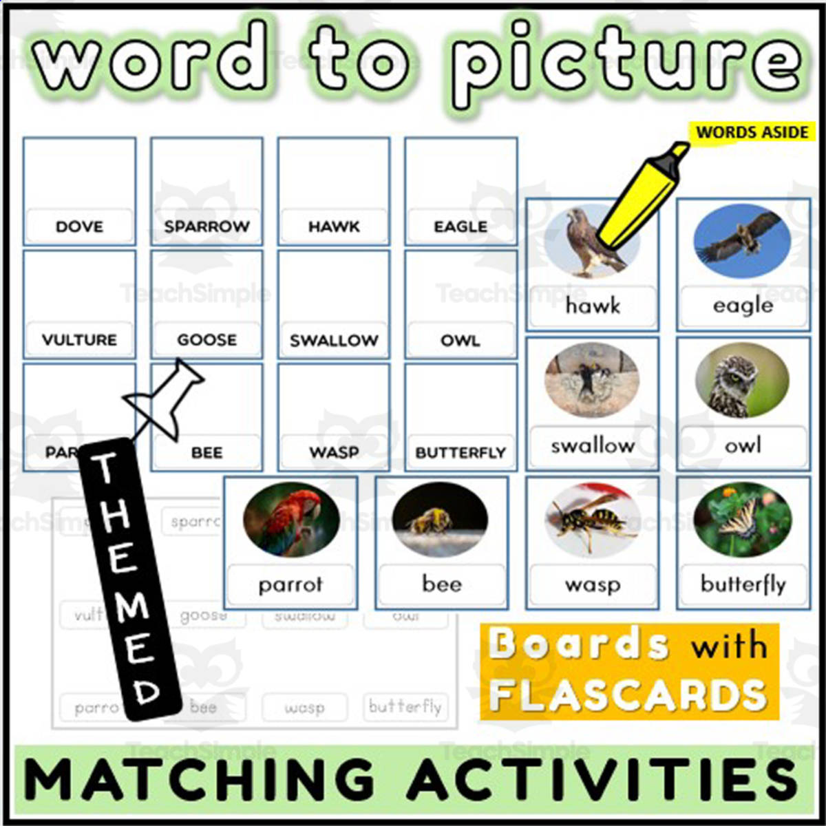 An educational teaching resource from WORDS ASIDE entitled Word to Picture Activities Flashcards 1 downloadable at Teach Simple.