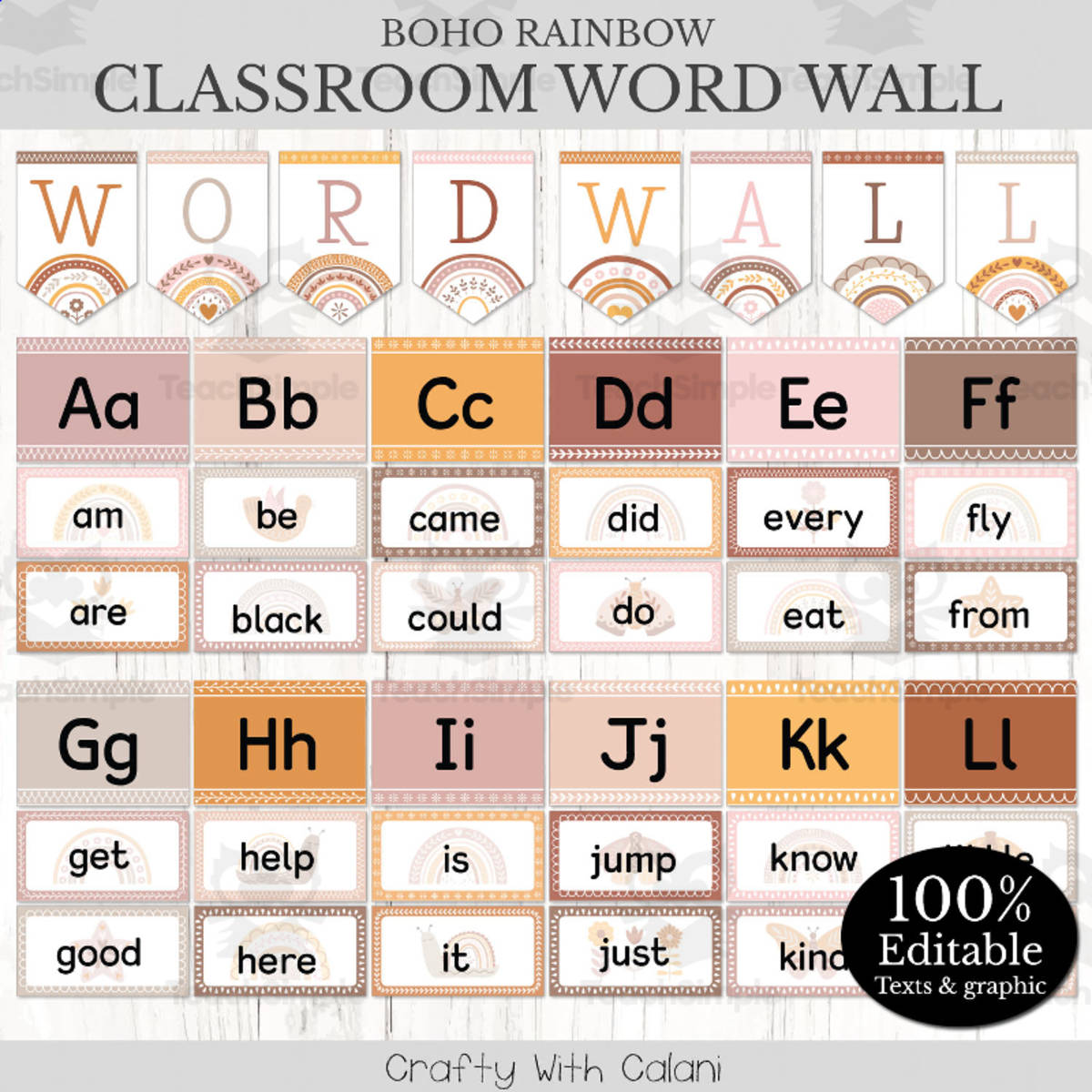 An educational teaching resource from Crafty with Calani entitled Word Wall Classroom Decoration in Boho Rainbow Theme - 100% Editable downloadable at Teach Simple.