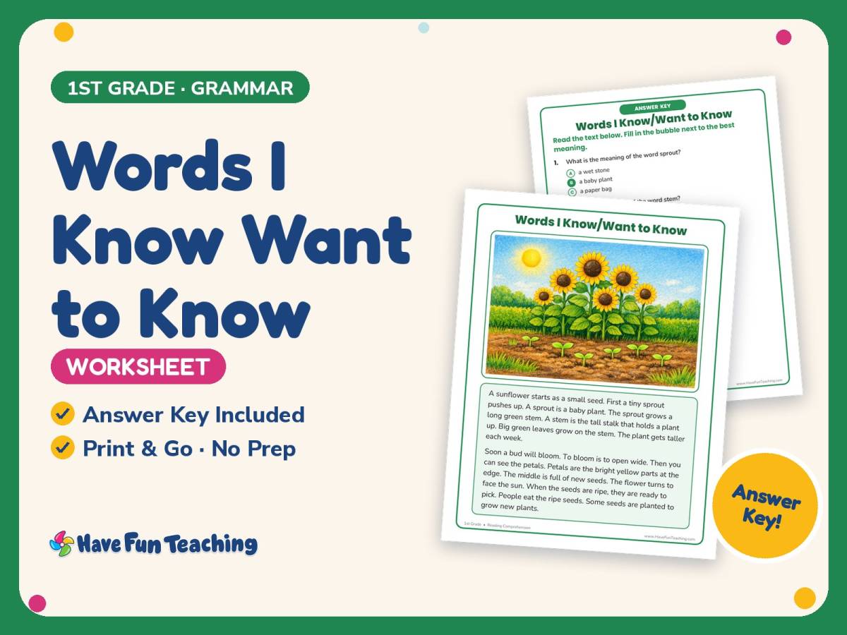 Words I Know Want to Know Worksheet – 1st Grade Context Clues Practice preview
