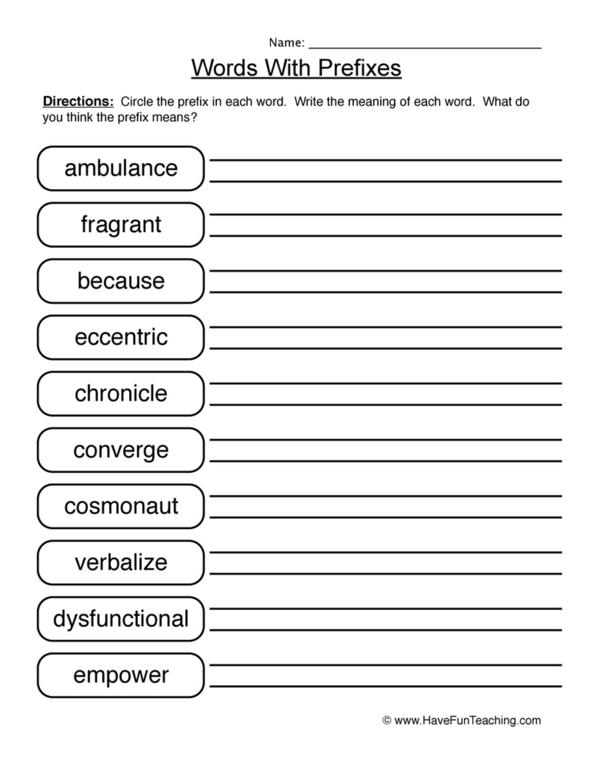 An educational teaching resource from Have Fun Teaching entitled Words with Prefixes Worksheet downloadable at Teach Simple.