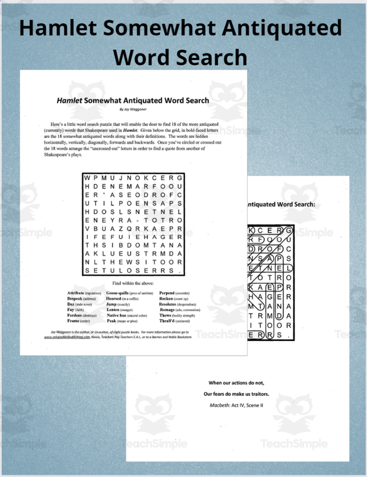 An educational teaching resource from Jay Waggoner entitled Wordsearch: Hamlet Somewhat Antiquated downloadable at Teach Simple.