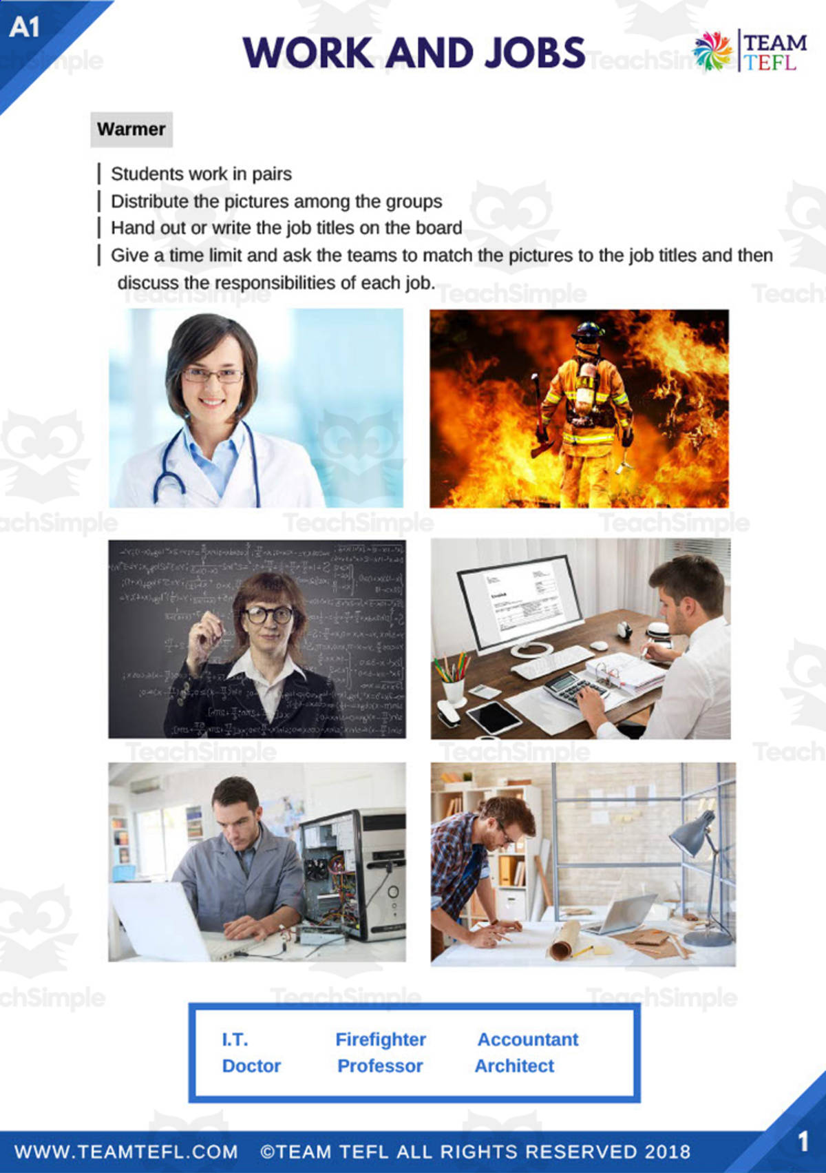 An educational teaching resource from TEAM TEFL entitled Work and Jobs | Beginner Lesson Plan downloadable at Teach Simple.