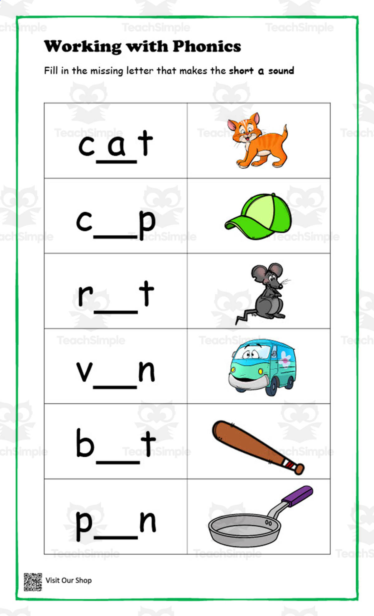 An educational teaching resource from KD's Kids School Shop entitled Working with Phonics Worksheet – Letter Sounds for K–2 downloadable at Teach Simple.