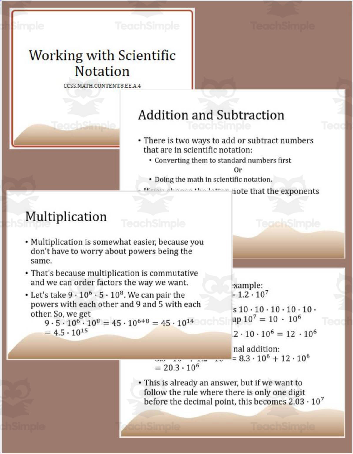 An educational teaching resource from TheBrightestKid entitled Working with Scientific Notation Editable PowerPoint 8.EE.A.4 downloadable at Teach Simple.