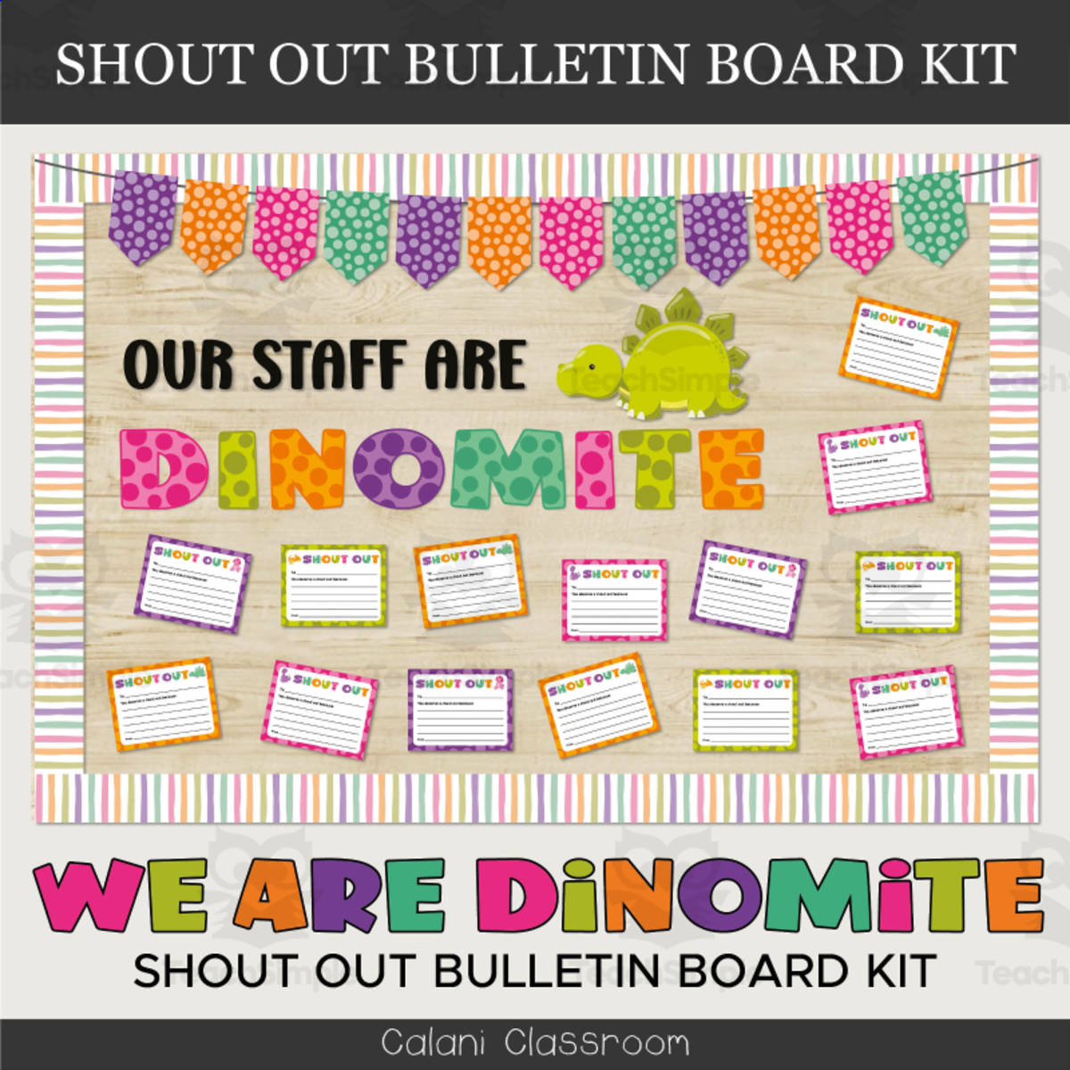 An educational teaching resource from Crafty with Calani entitled Workplace Staff Shout Out Bulletin Board, Dinosaurs Staff Appreciation downloadable at Teach Simple.
