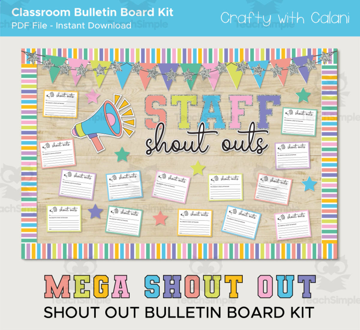 An educational teaching resource from Crafty with Calani entitled Workplace Staff Shout Out Bulletin Board, Megaphone Staff Appreciation downloadable at Teach Simple.