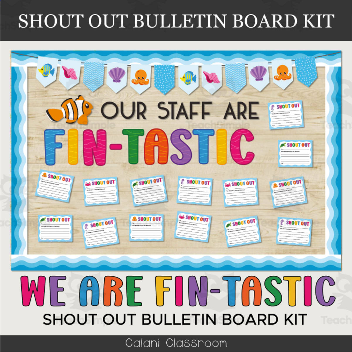 An educational teaching resource from Crafty with Calani entitled Workplace Staff Shout Out Bulletin Board, Ocean Staff Appreciation downloadable at Teach Simple.