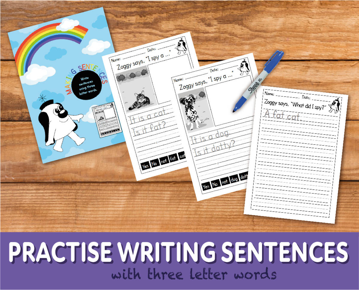 An educational teaching resource from Guinea Pig Education entitled WORKSHEETS Practise Writing Sentences Using Three Letter Words (4-7 years) downloadable at Teach Simple.