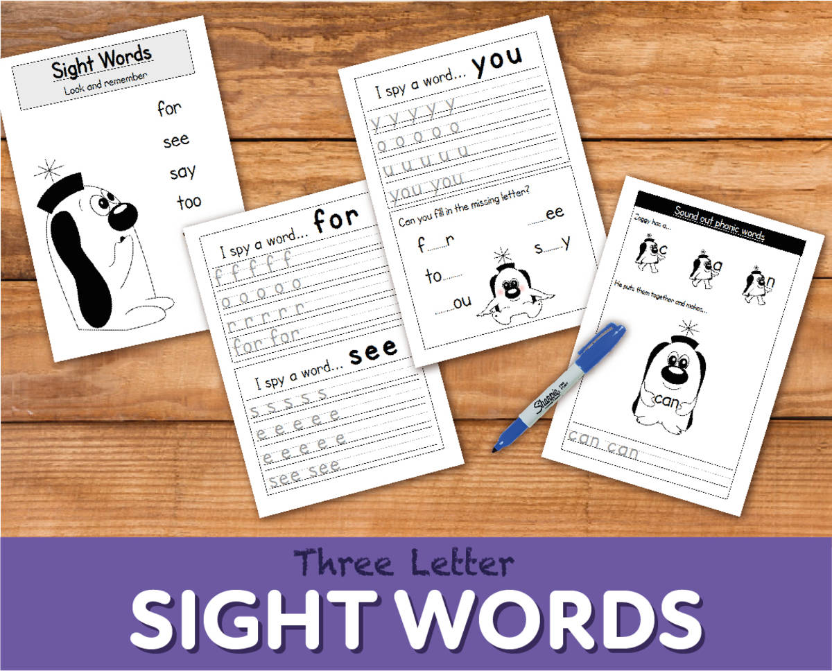 An educational teaching resource from Guinea Pig Education entitled WORKSHEETS To Reinforce Three Letter Sight Words (4-7 years) downloadable at Teach Simple.