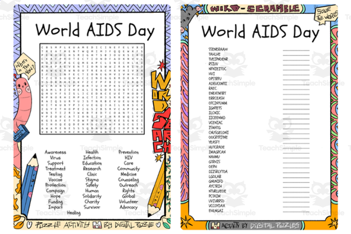 An educational teaching resource from Lapiiin Art Activities entitled World AIDS Day word search & scramble downloadable at Teach Simple.