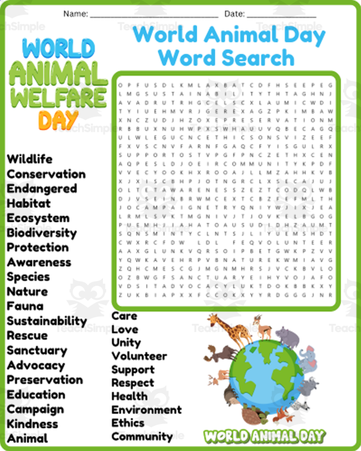 An educational teaching resource from space shope entitled World Animal Day Word Search Puzzle Worksheet Activities downloadable at Teach Simple.
