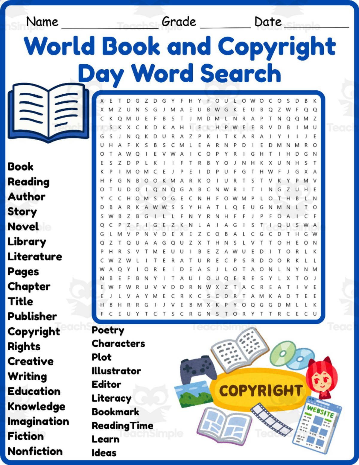 An educational teaching resource from Classsimple entitled World Book and Copyright Day Word Search 2nd 3rd 4th 5th Grade downloadable at Teach Simple.
