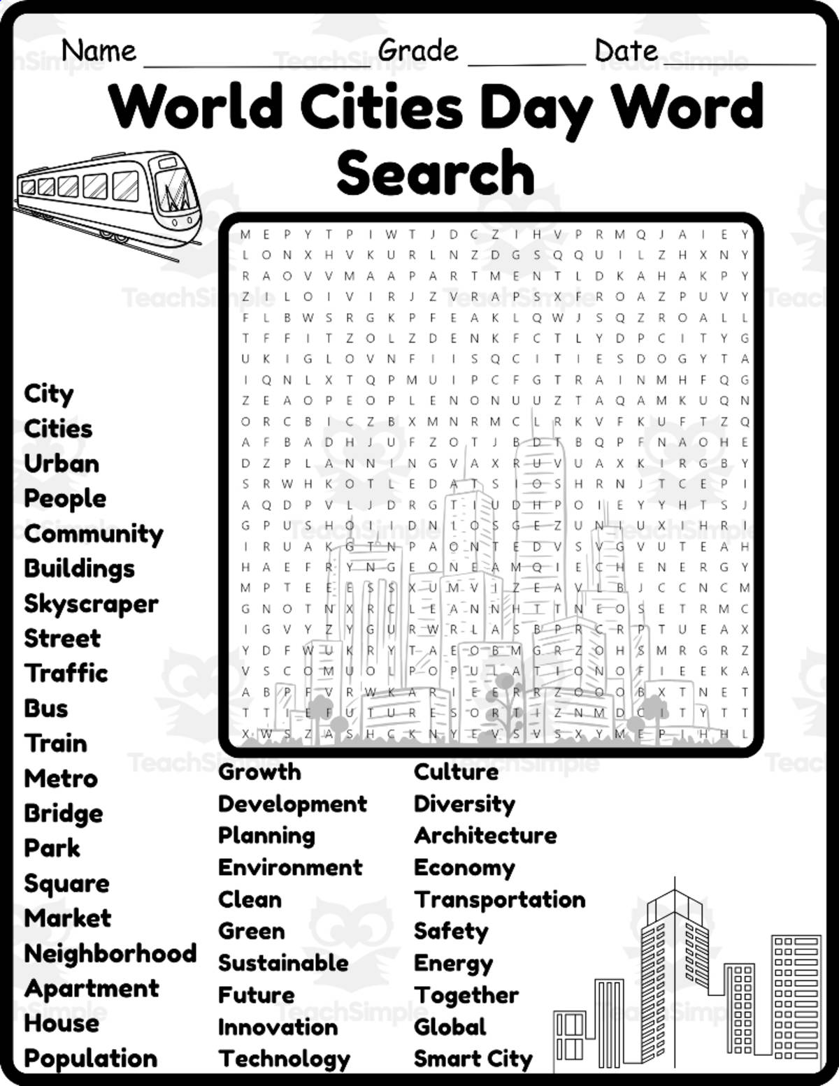An educational teaching resource from Classsimple entitled World Cities Day Word Search 2rd 3th 4th 5th Grade worksheet activity downloadable at Teach Simple.
