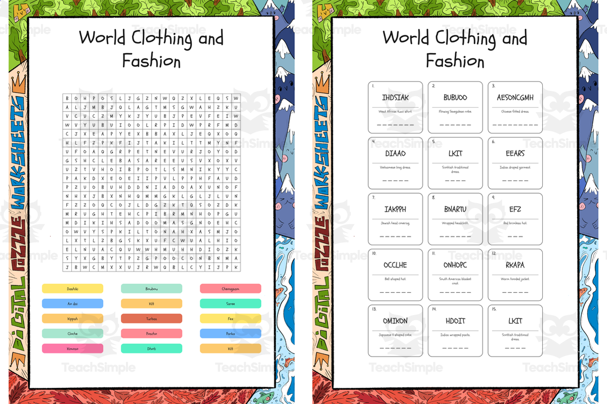 An educational teaching resource from Lapiiin Art Activities entitled World Clothing and Fashion word search, scramble and crossword puzzle downloadable at Teach Simple.
