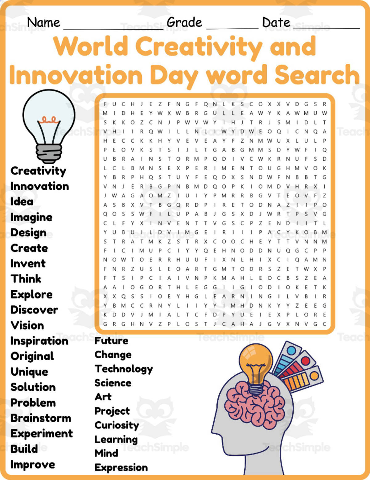 An educational teaching resource from Classsimple entitled World Creativity and Innovation Day Search 2nd 3rd 4th 5th Grade downloadable at Teach Simple.