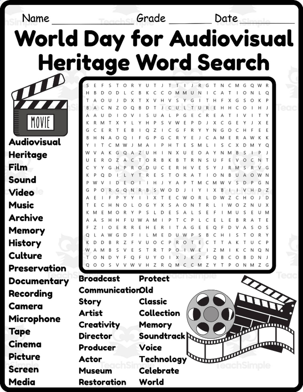 An educational teaching resource from Classsimple entitled World Day for Audiovisual Heritage Word Search 2rd 3th 4th 5th Grade downloadable at Teach Simple.