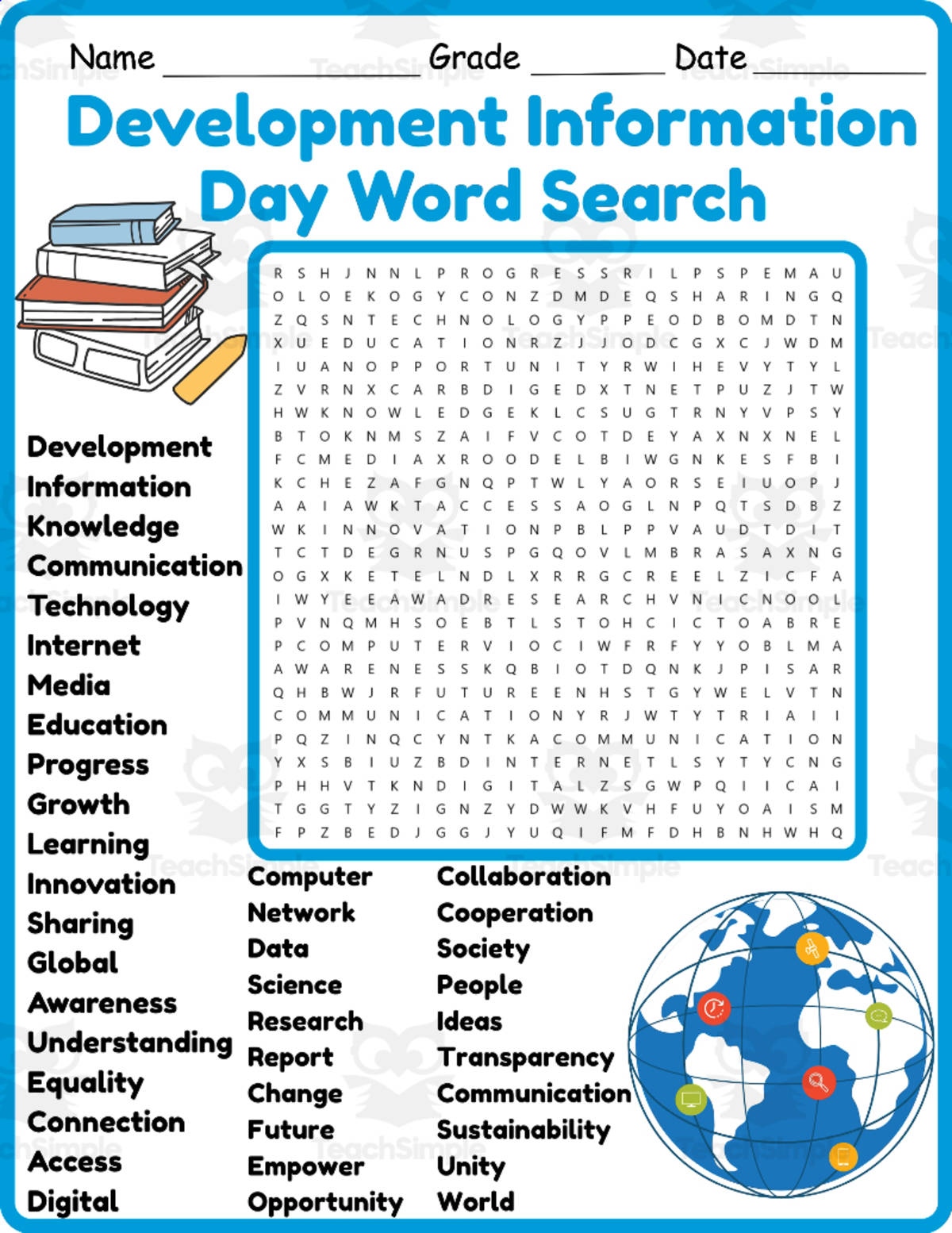 An educational teaching resource from Classsimple entitled World Development Information Day Word Search 2rd 3th 4th 5th Grade downloadable at Teach Simple.