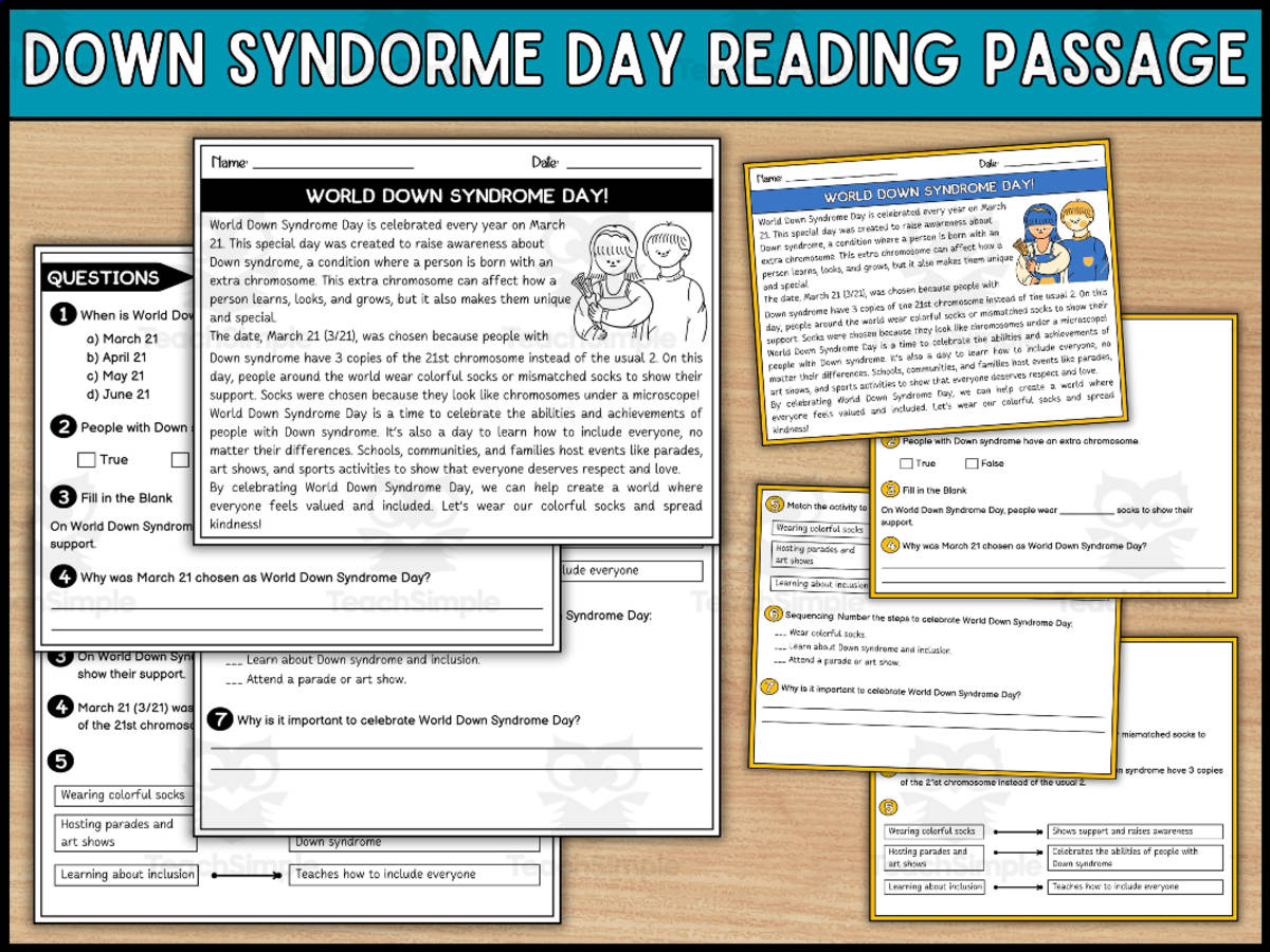 An educational teaching resource from Wonderland School entitled World Down Syndorme Day Reading Comprehension Passage and Questions downloadable at Teach Simple.