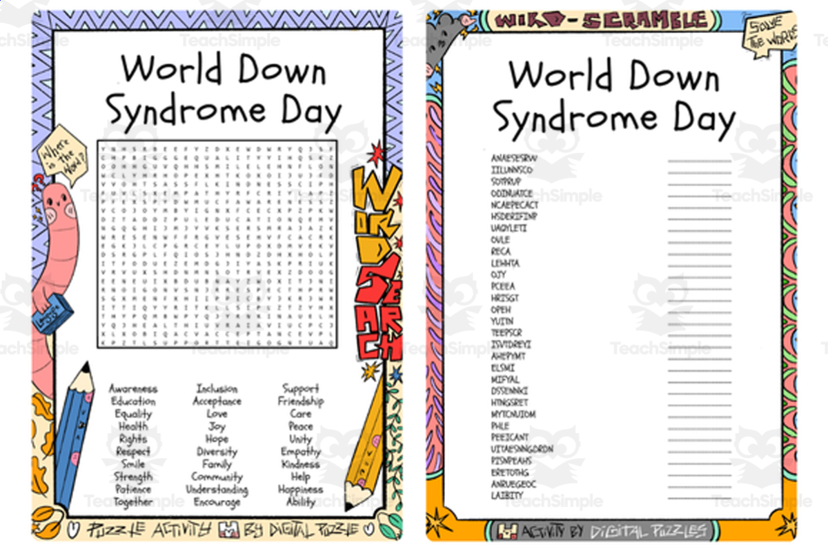 An educational teaching resource from Lapiiin Art Activities entitled World Down Syndrome Day word search & scramble downloadable at Teach Simple.
