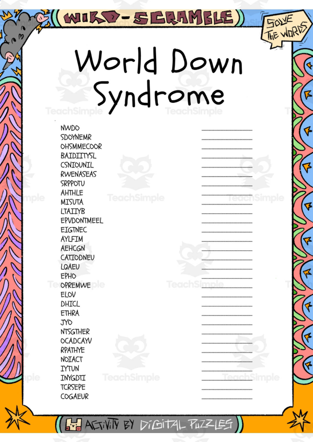 An educational teaching resource from Lapiiin Art Activities entitled World Down Syndrome word Scramble puzzle worksheet downloadable at Teach Simple.