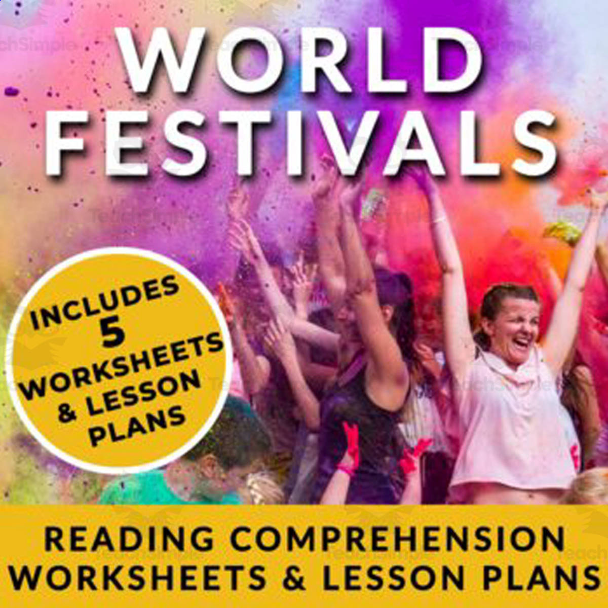 An educational teaching resource from The Laughing Linguist entitled World Festivals Reading Comprehension Bundle w/ Full Lesson Plans downloadable at Teach Simple.
