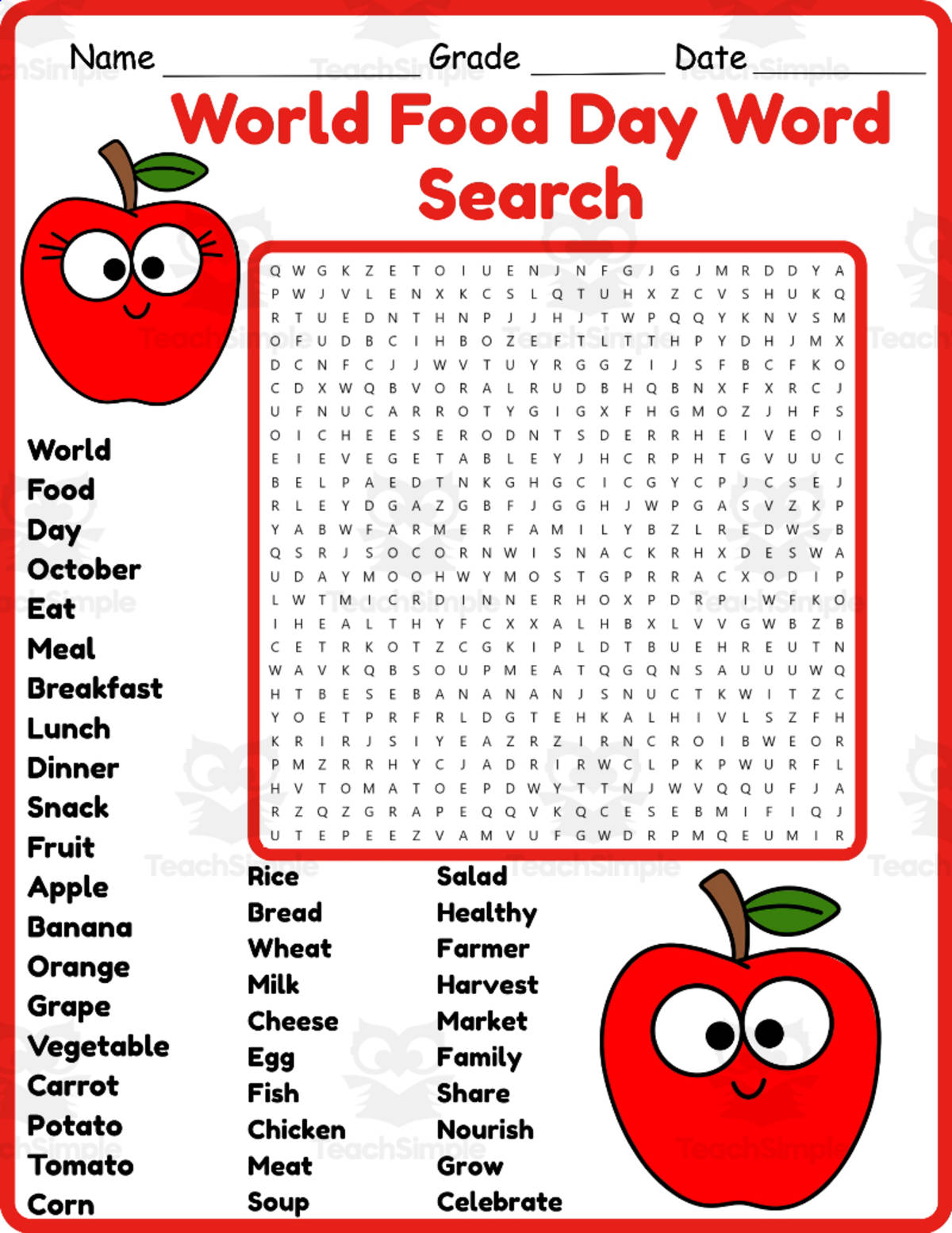 An educational teaching resource from Classsimple entitled World Food Day Word Search 2rd 3th 4th 5th Grade worksheet activity downloadable at Teach Simple.