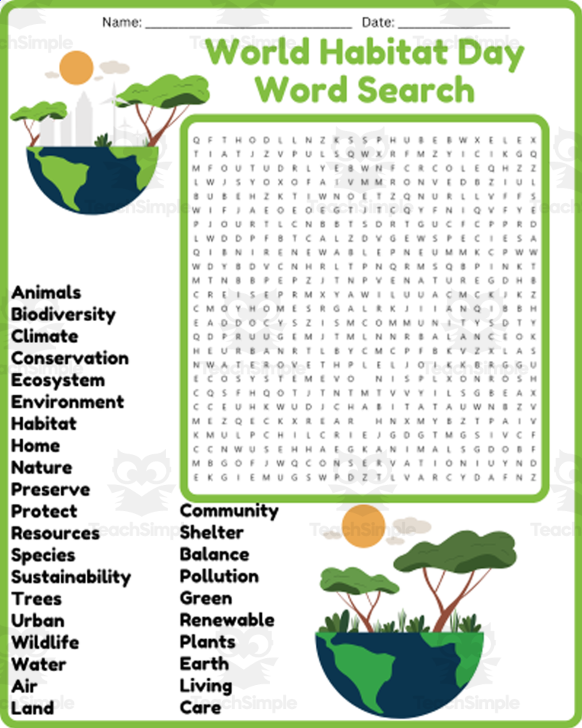 An educational teaching resource from space shope entitled World Habitat Day Word Search Puzzle Worksheet Activities downloadable at Teach Simple.