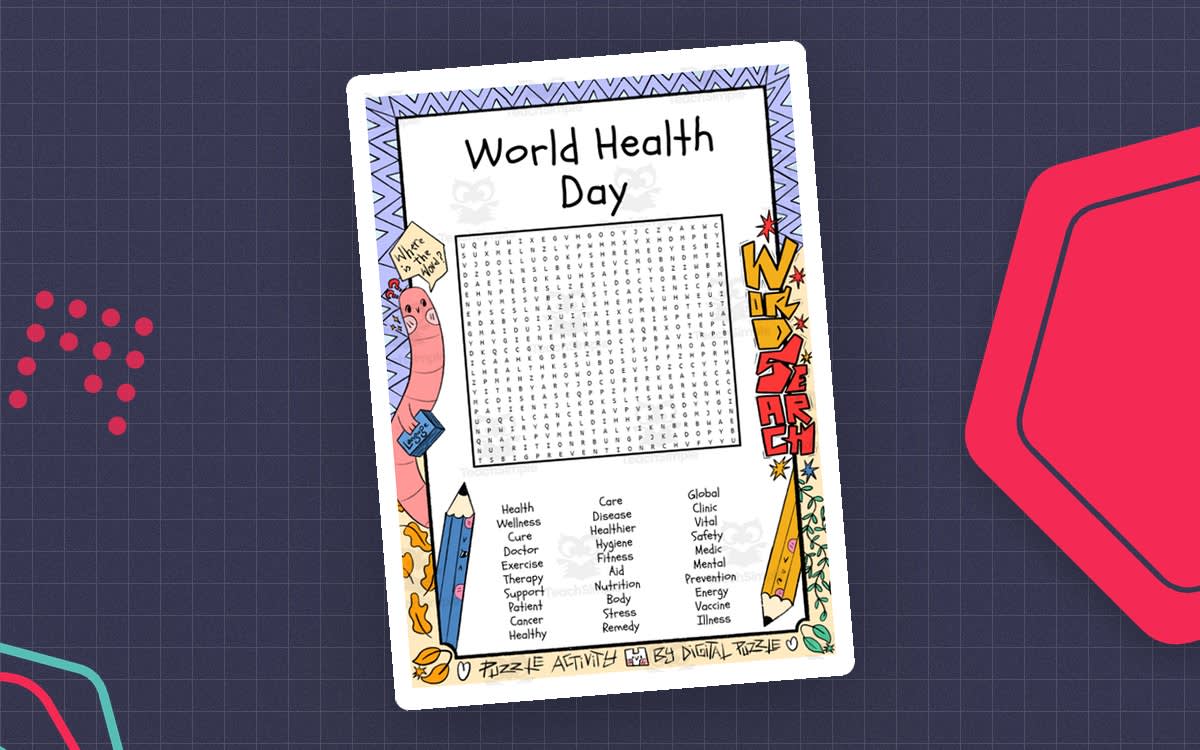 An educational teaching resource from Lapiiin Art Activities entitled World Health Day word search puzzle worksheet activity downloadable at Teach Simple.