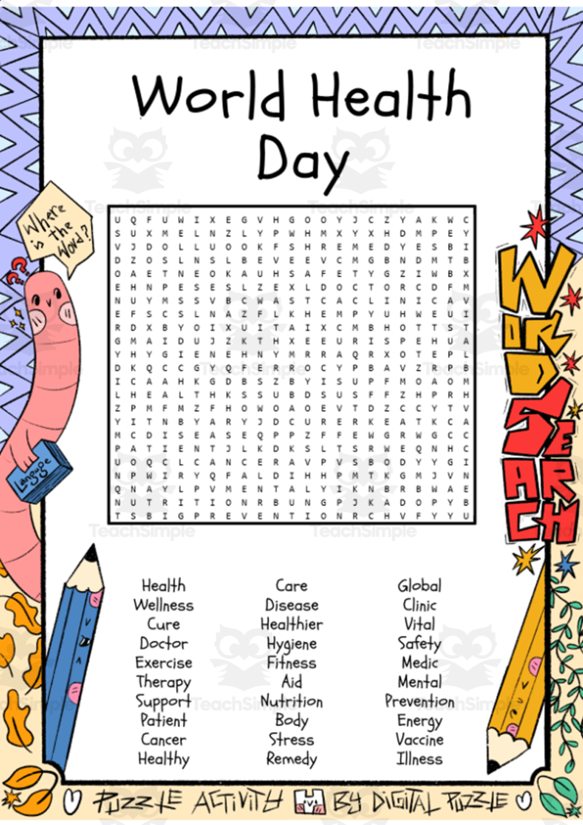 An educational teaching resource from Lapiiin Art Activities entitled World Health Day word search puzzle worksheet activity downloadable at Teach Simple.