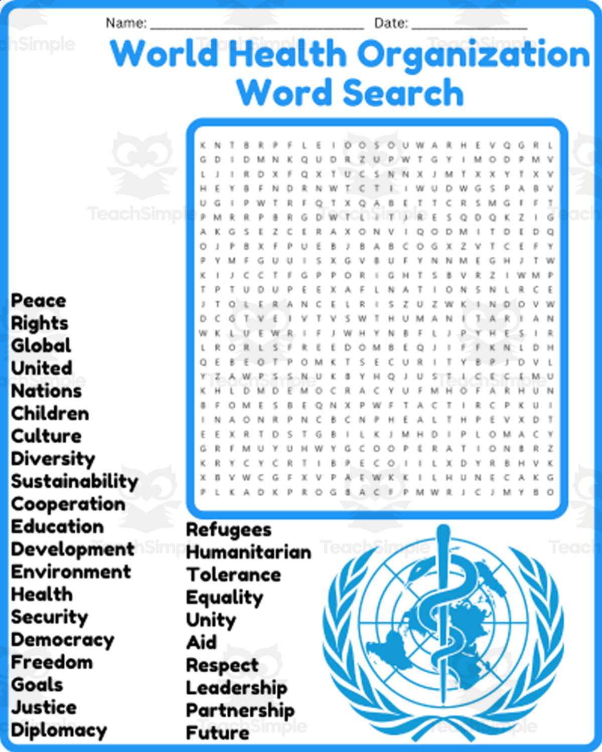 An educational teaching resource from space shope entitled World Health Organization Word Search Puzzle Worksheet Activities downloadable at Teach Simple.
