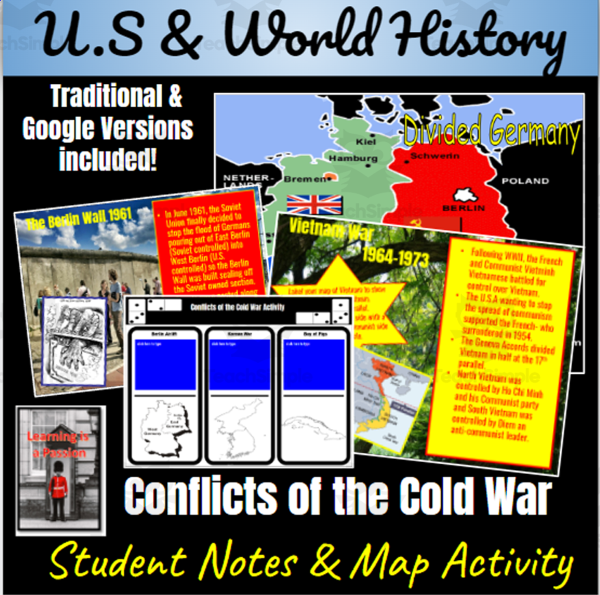 An educational teaching resource from Learning is a Passion entitled World History: Conflicts of the Cold War | Student Notes & Map Activity downloadable at Teach Simple.