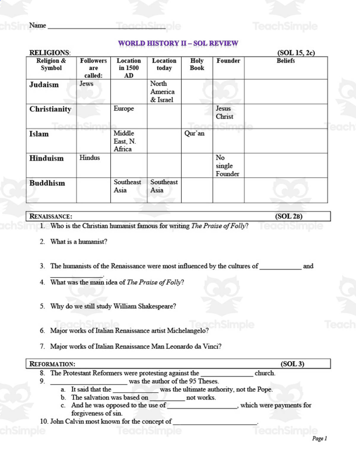 An educational teaching resource from History with DeLong entitled World History II SOL Exam Review downloadable at Teach Simple.