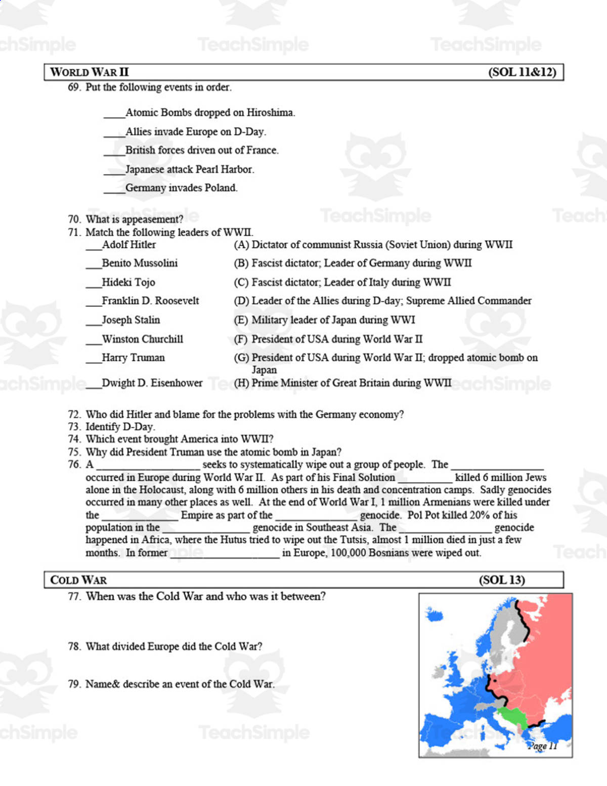 An educational teaching resource from History with DeLong entitled World History II SOL Review Worksheet downloadable at Teach Simple.