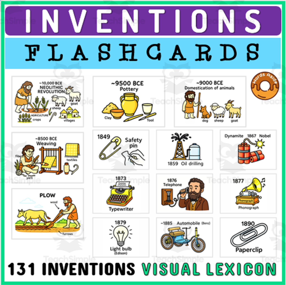 An educational teaching resource from WORDS ASIDE entitled World History Inventions Flashcards Catalog downloadable at Teach Simple.