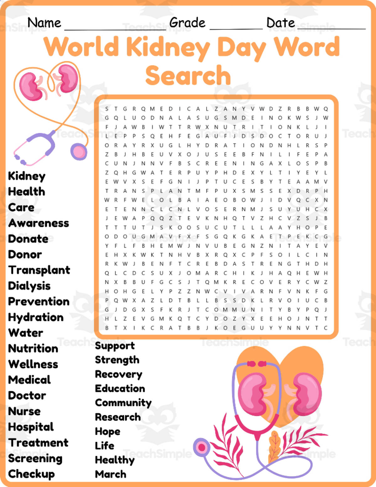 An educational teaching resource from Classsimple entitled World Kidney Day Word Search 2nd 3rd 4th 5th Grade Worksheet Activity downloadable at Teach Simple.