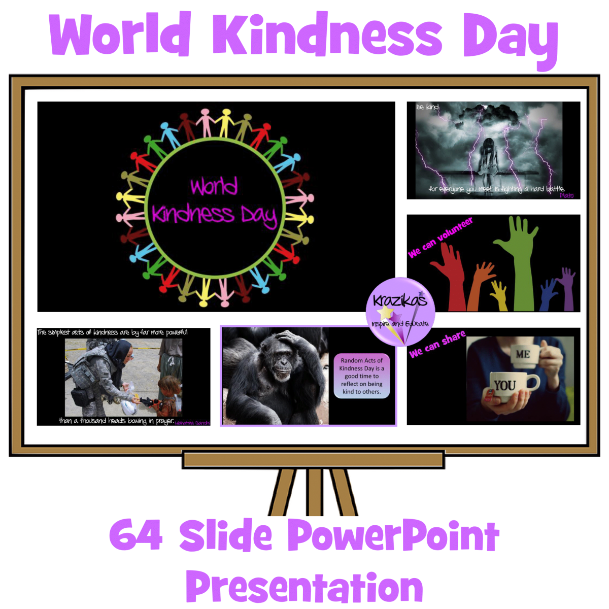 An educational teaching resource from Inspire and Educate By Krazikas entitled World Kindness Day PowerPoint Presentation downloadable at Teach Simple.