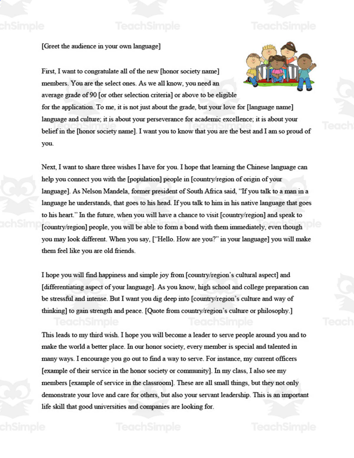 An educational teaching resource from Golden Promise entitled World Language Honor Society Induction Speech Template downloadable at Teach Simple.