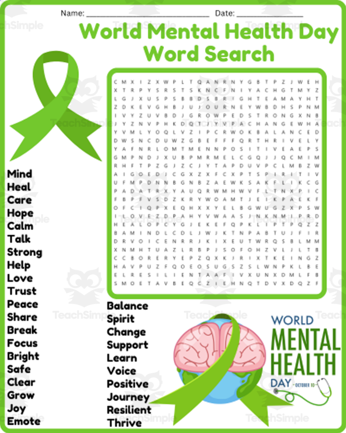 An educational teaching resource from space shope entitled World Mental Health Day Word Search Puzzle Worksheet Activities downloadable at Teach Simple.