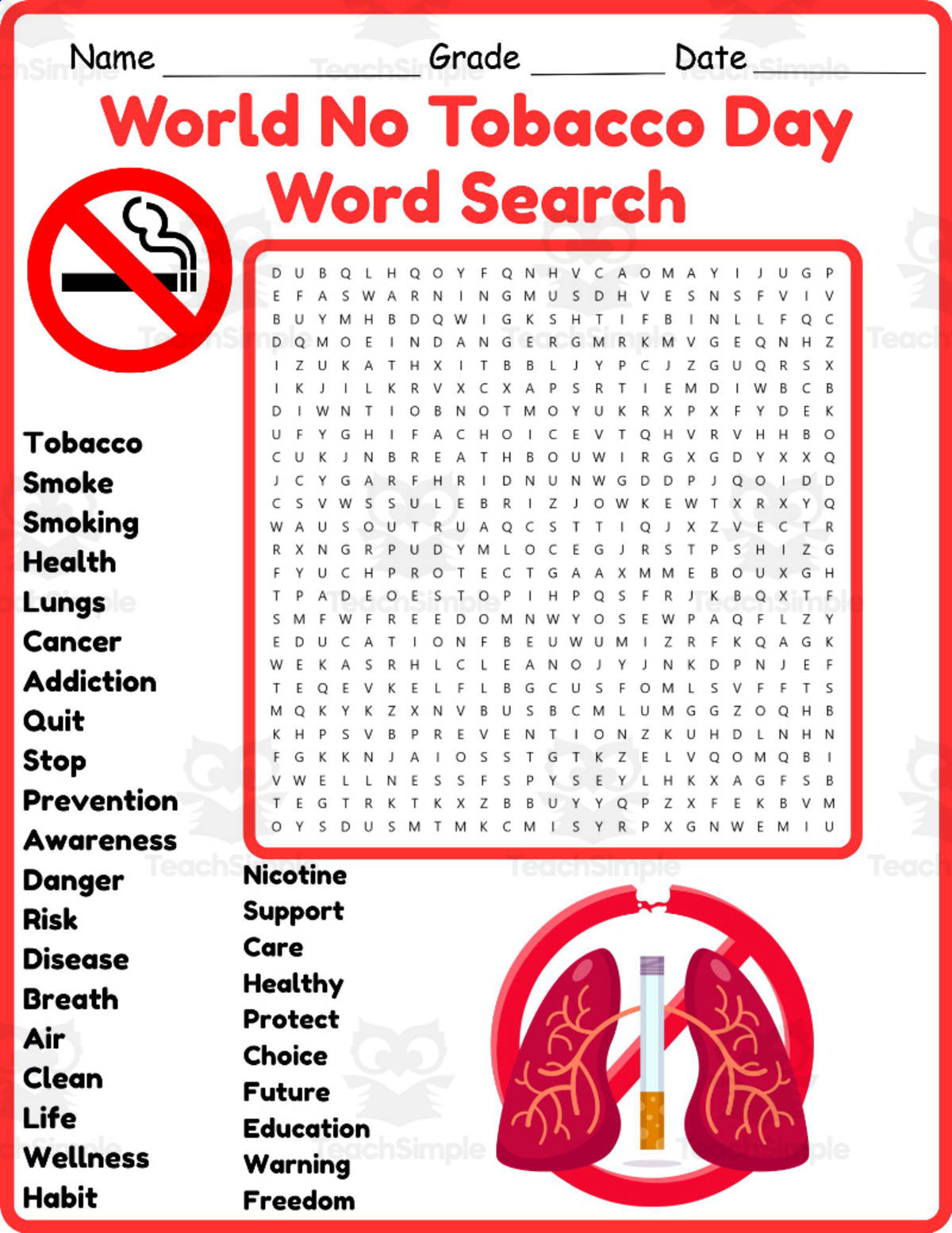 An educational teaching resource from Classsimple entitled World No Tobacco Day Word Search 2nd 3rd 4th 5th Grade Worksheet downloadable at Teach Simple.