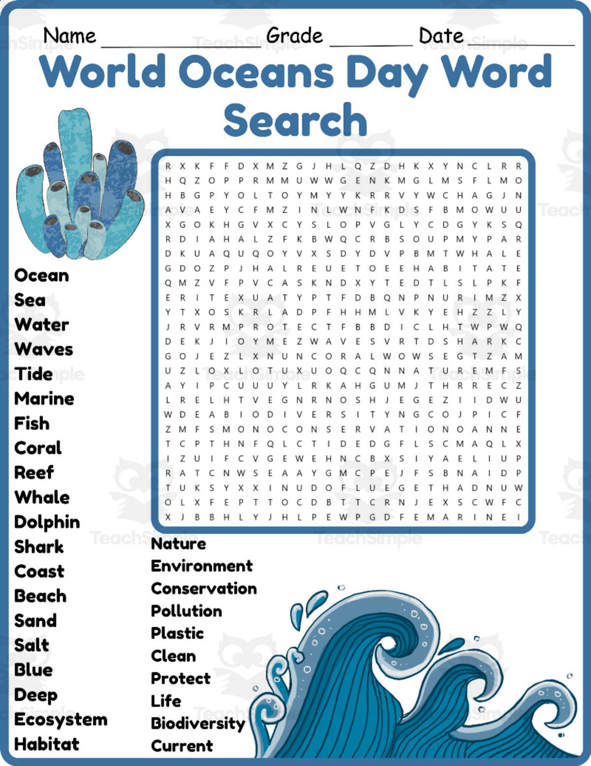 An educational teaching resource from Classsimple entitled World Oceans Day Word Search 2nd 3rd 4th 5th Grade Worksheet Activity downloadable at Teach Simple.