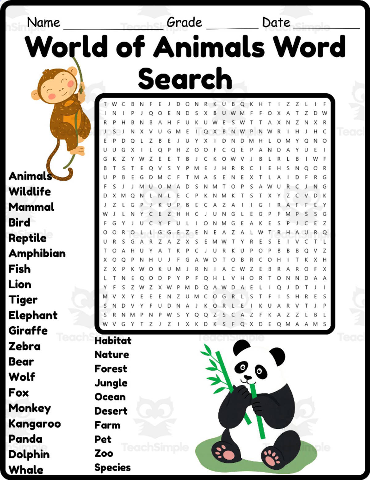 An educational teaching resource from Classsimple entitled World of animals Word Search 2nd 3rd 4th 5th Grade Worksheet Activity downloadable at Teach Simple.