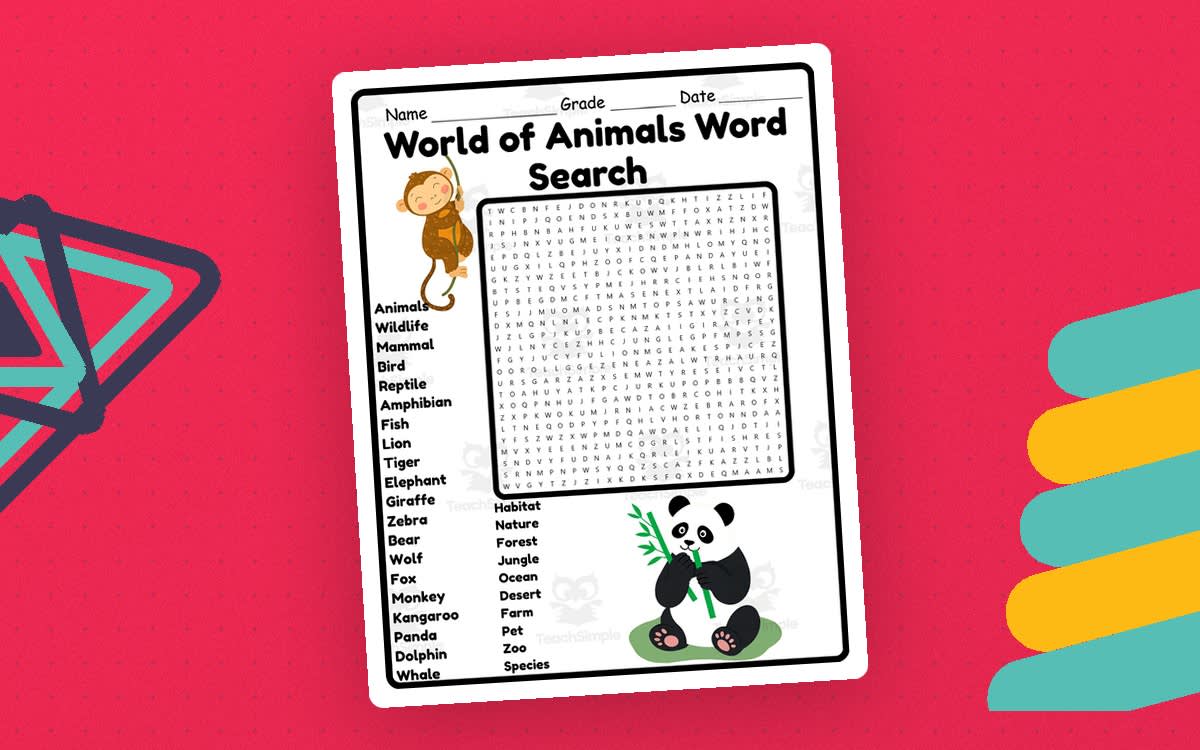 An educational teaching resource from Classsim entitled World of animals Word Search 2nd 3rd 4th 5th Grade Worksheet Activity downloadable at Teach Simple.