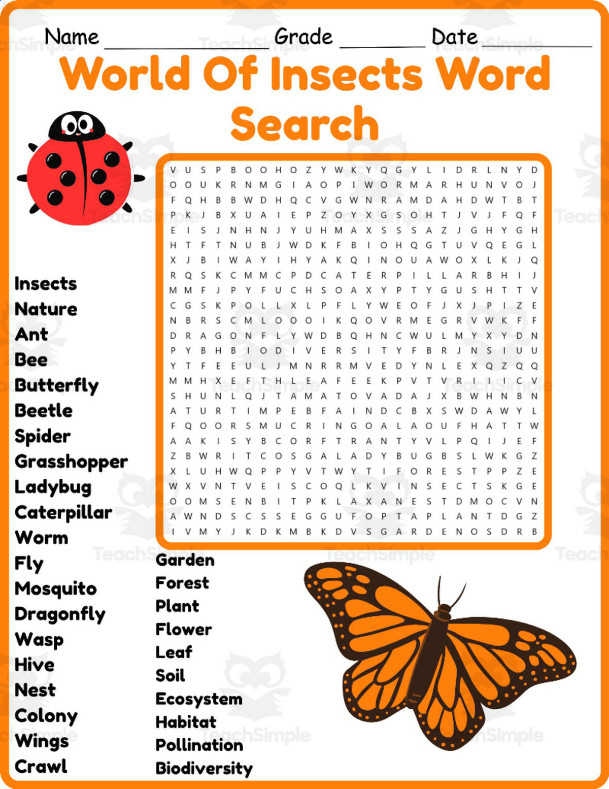 An educational teaching resource from Classsimple entitled World Of Insects Word Search 2nd 3rd 4th 5th Grade Worksheet Activity downloadable at Teach Simple.