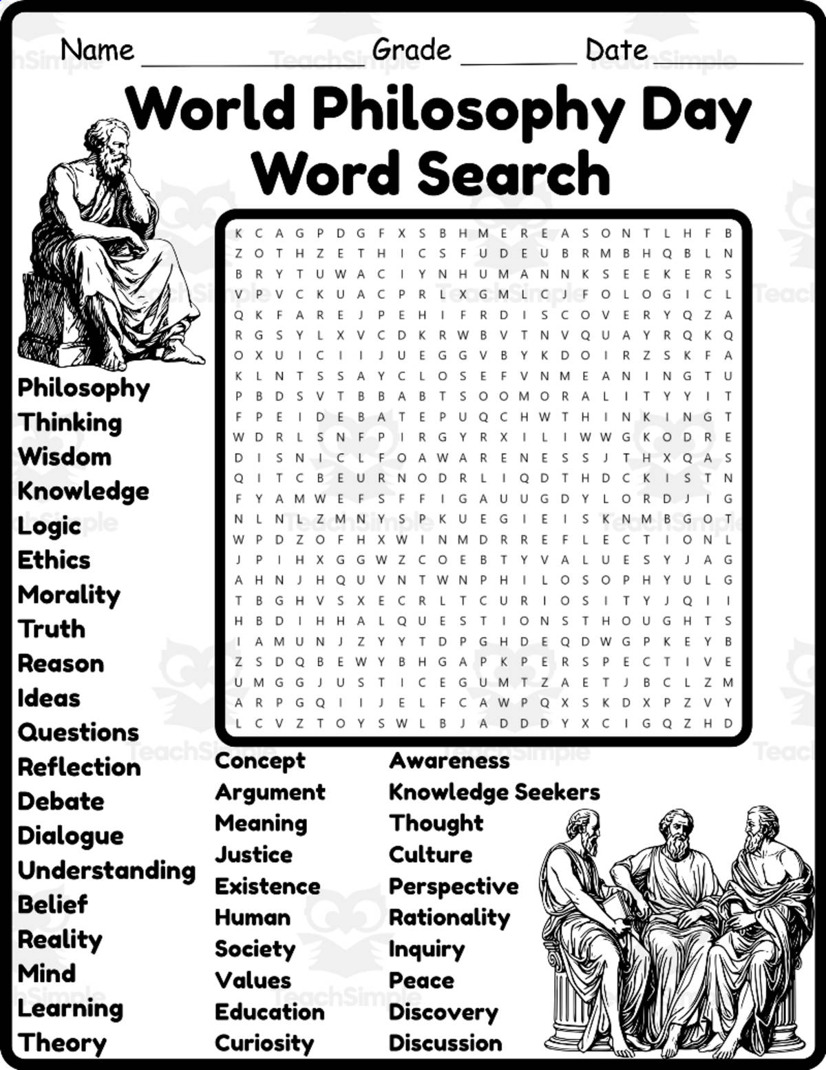 An educational teaching resource from Classsimple entitled World Philosophy Day Word Search 2rd 3th 4th 5th Grade worksheet downloadable at Teach Simple.